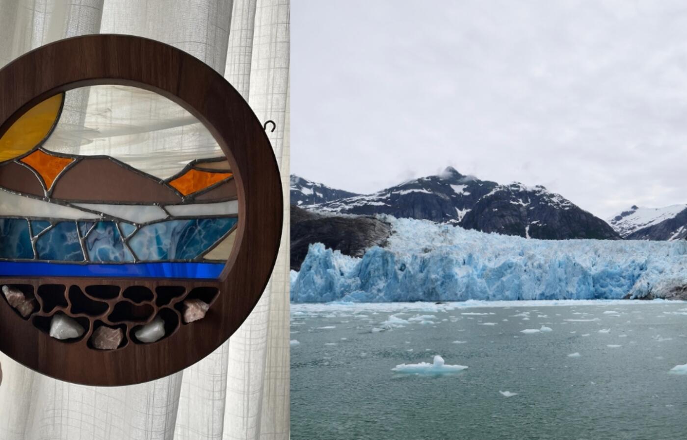 Meghan Sharp holds up her stained glass artwork next to a photo of the same glacier.