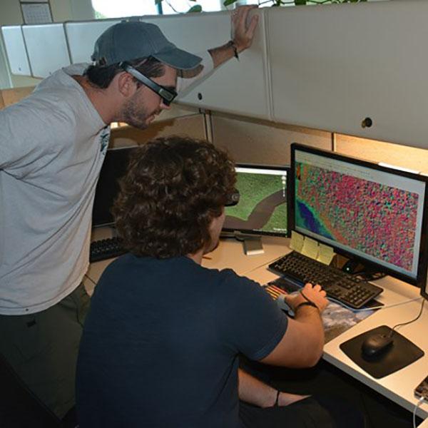 VeVegetation mapping technicians at a workstation doing photo-interpretation.