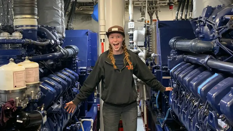 Maya Moran in the engine room of a ship