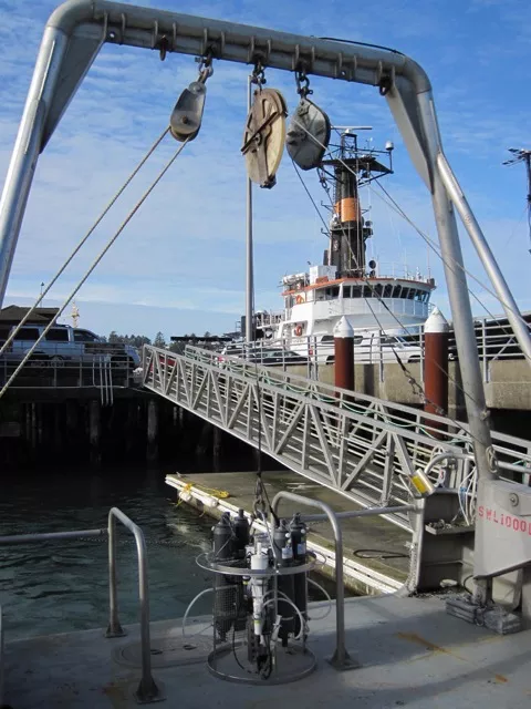 water sampling device on the deck of Elakha