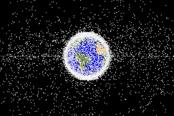 many many white dots clustered around Earth in space