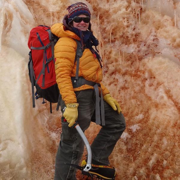 Erin Pettit in front of glacial ice